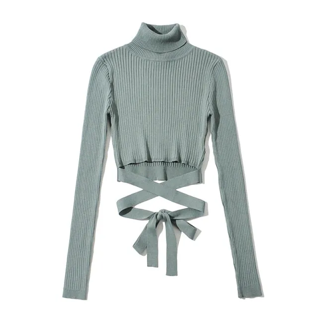 Trendy Turtleneck Bandage Long Sleeve Shirt