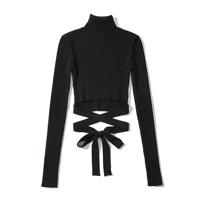 Trendy Turtleneck Bandage Long Sleeve Shirt