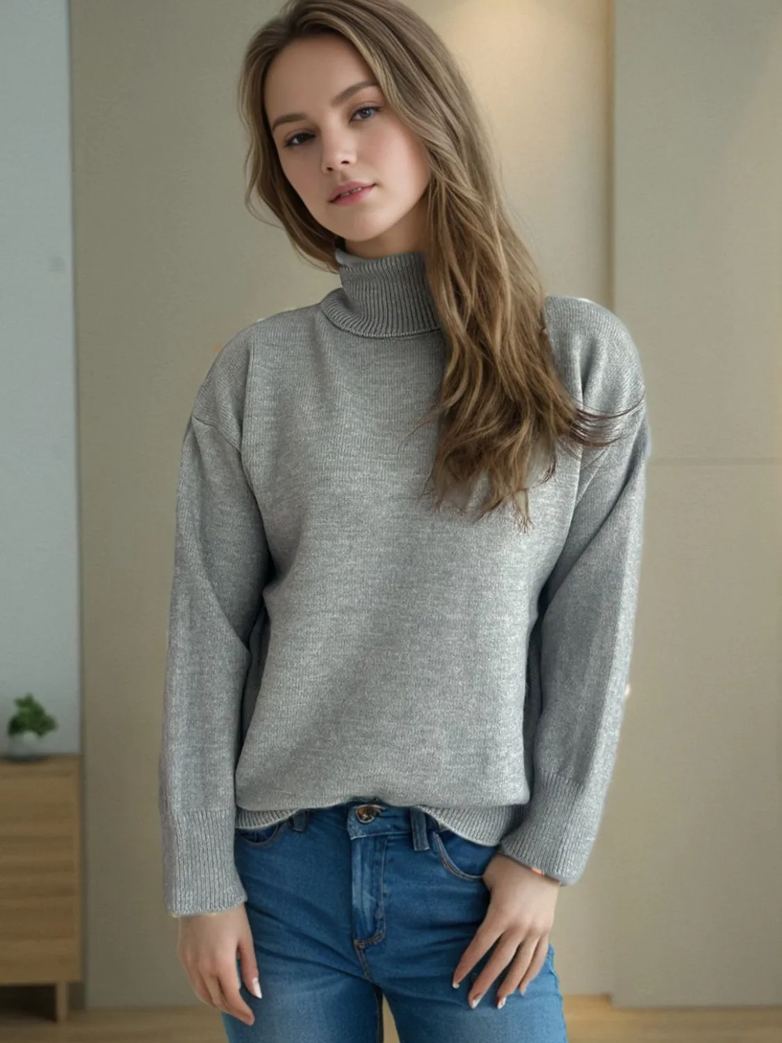 Turtleneck Dropped Shoulder Long Sleeve Sweater