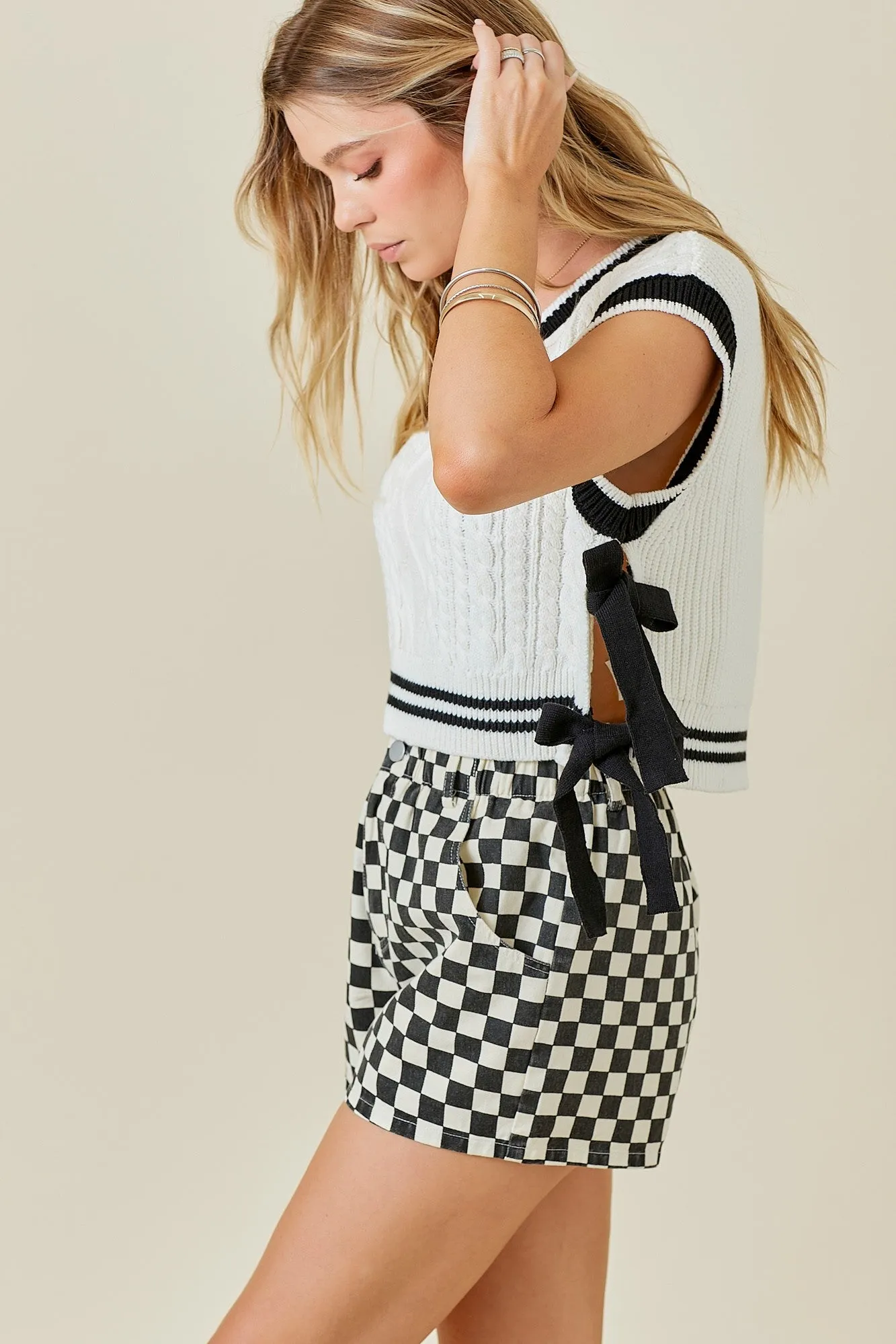 V-Neck Sweater Contrasting Stripe Bow Detail Vest