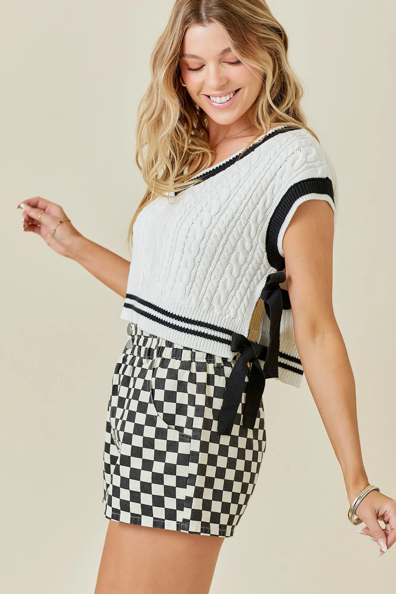 V-Neck Sweater Contrasting Stripe Bow Detail Vest