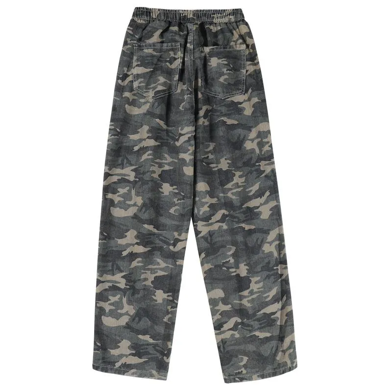 Versatile Wide-Leg Straight Camouflage Loose Fit Washed Out Sweatpant