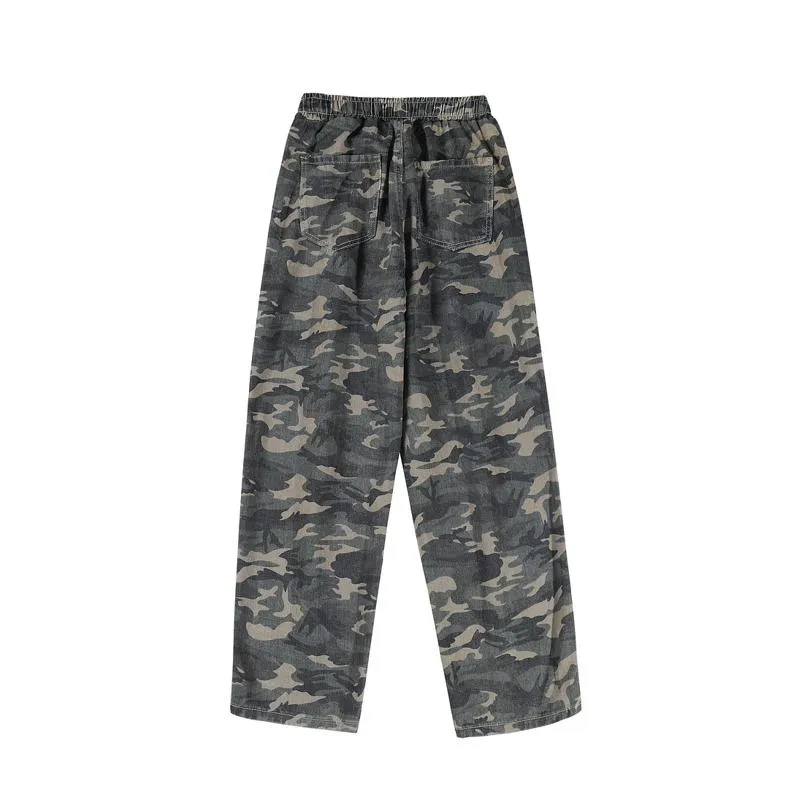 Versatile Wide-Leg Straight Camouflage Loose Fit Washed Out Sweatpant