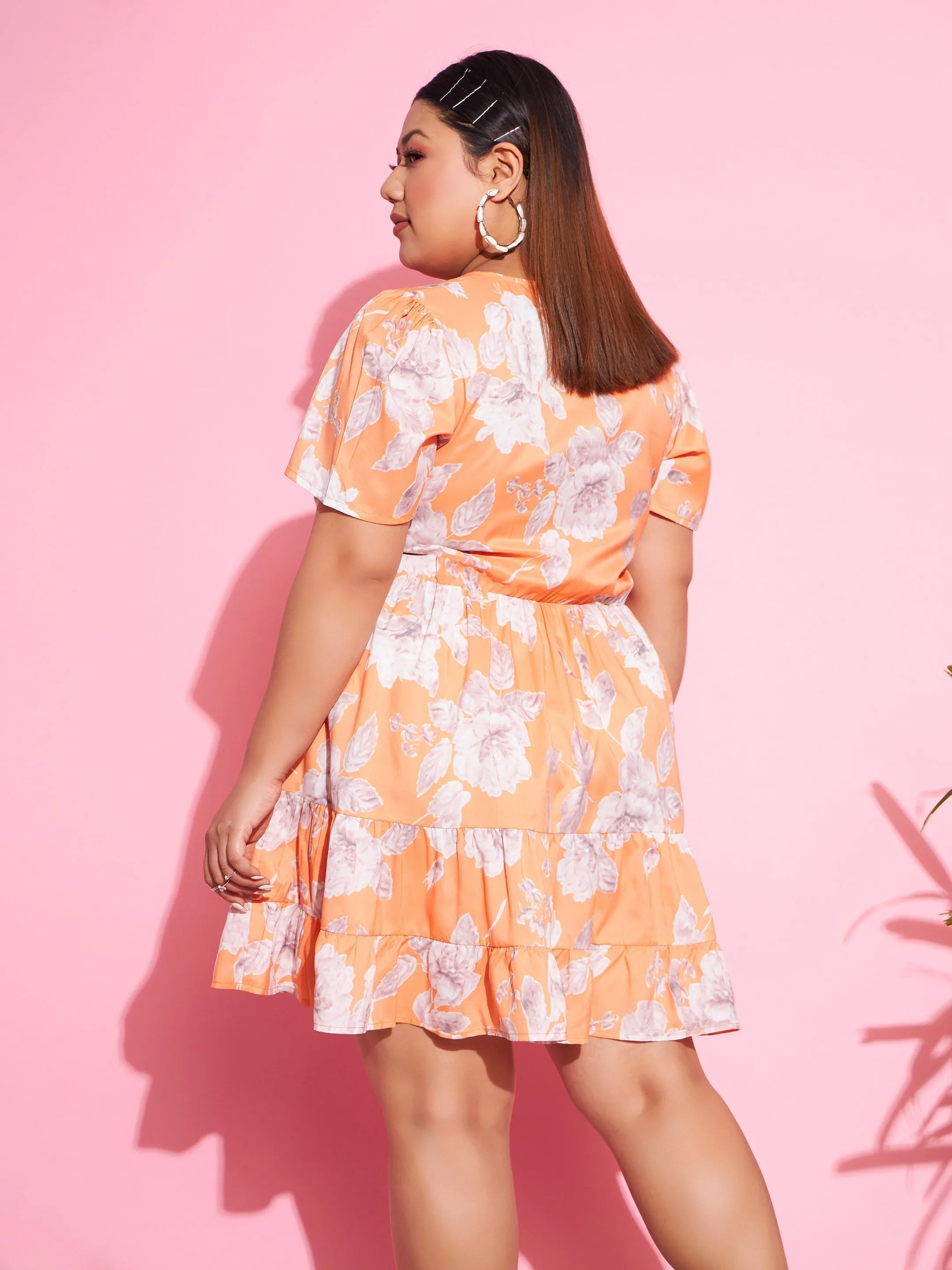 Women Orange Floral Short Wrap Dress