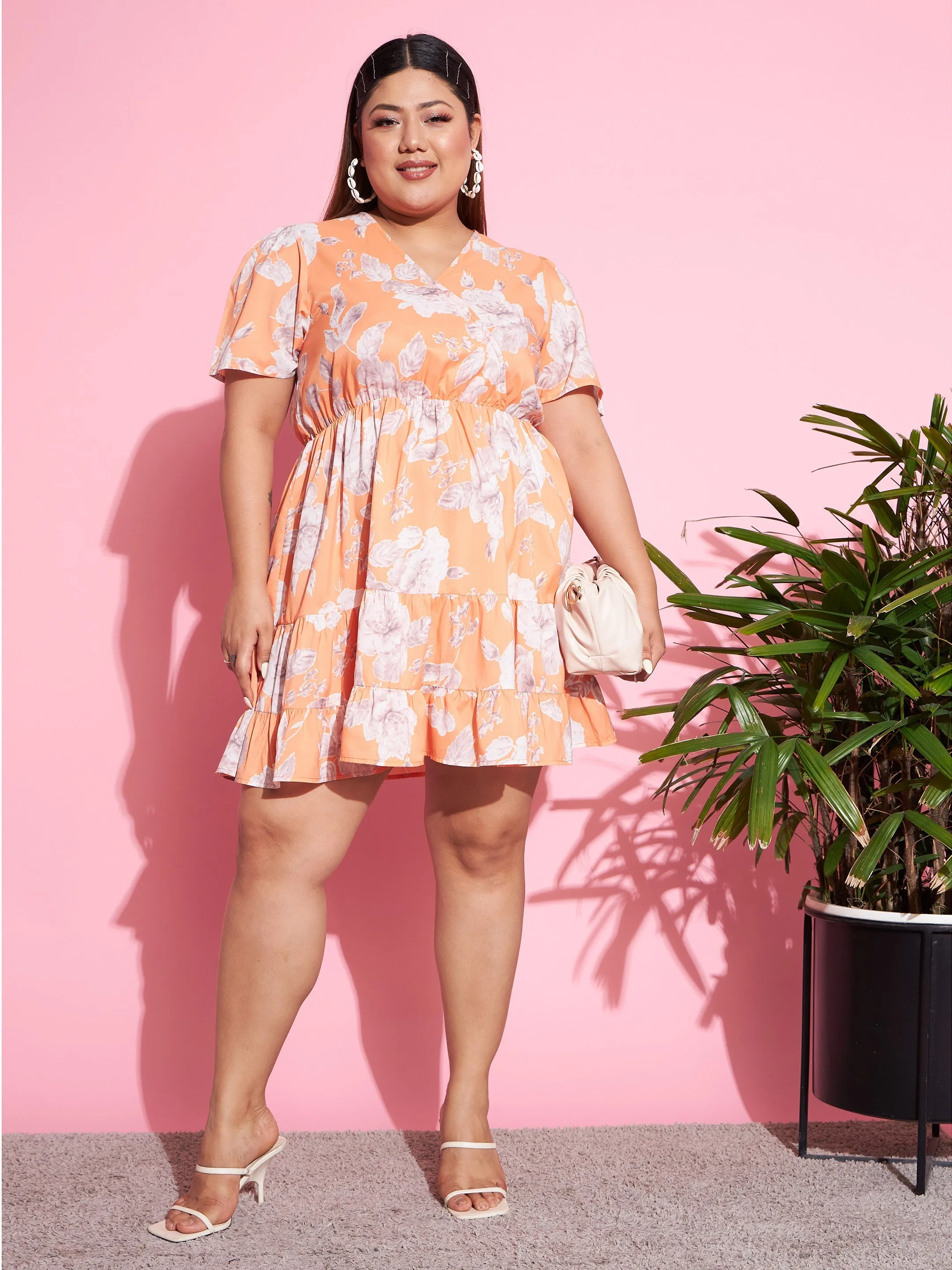 Women Orange Floral Short Wrap Dress