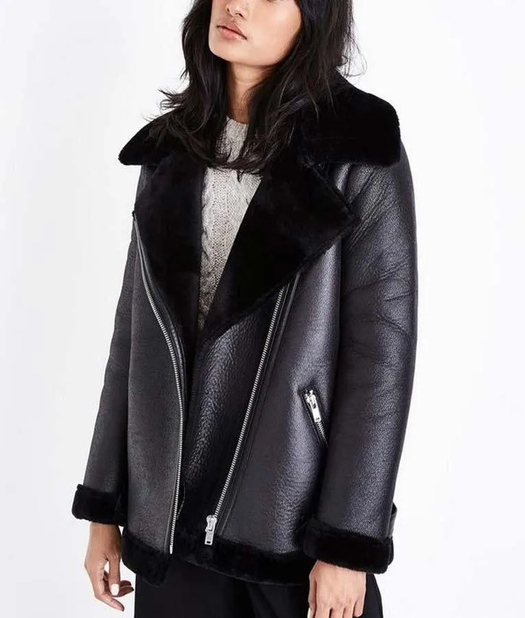 Women's Black Leather Shearling Jacket