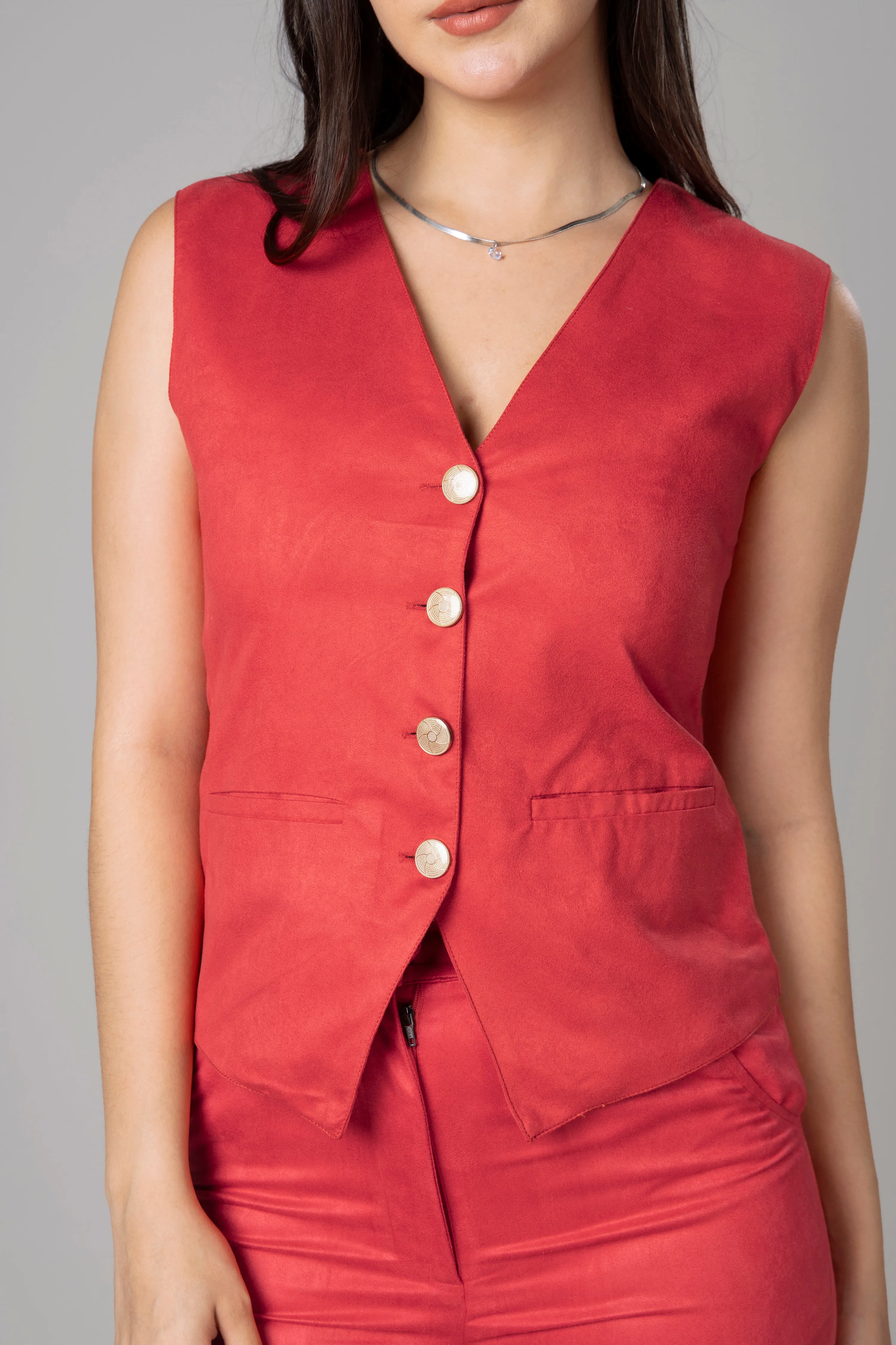 Womens Luxe Red Suede Waistcoat