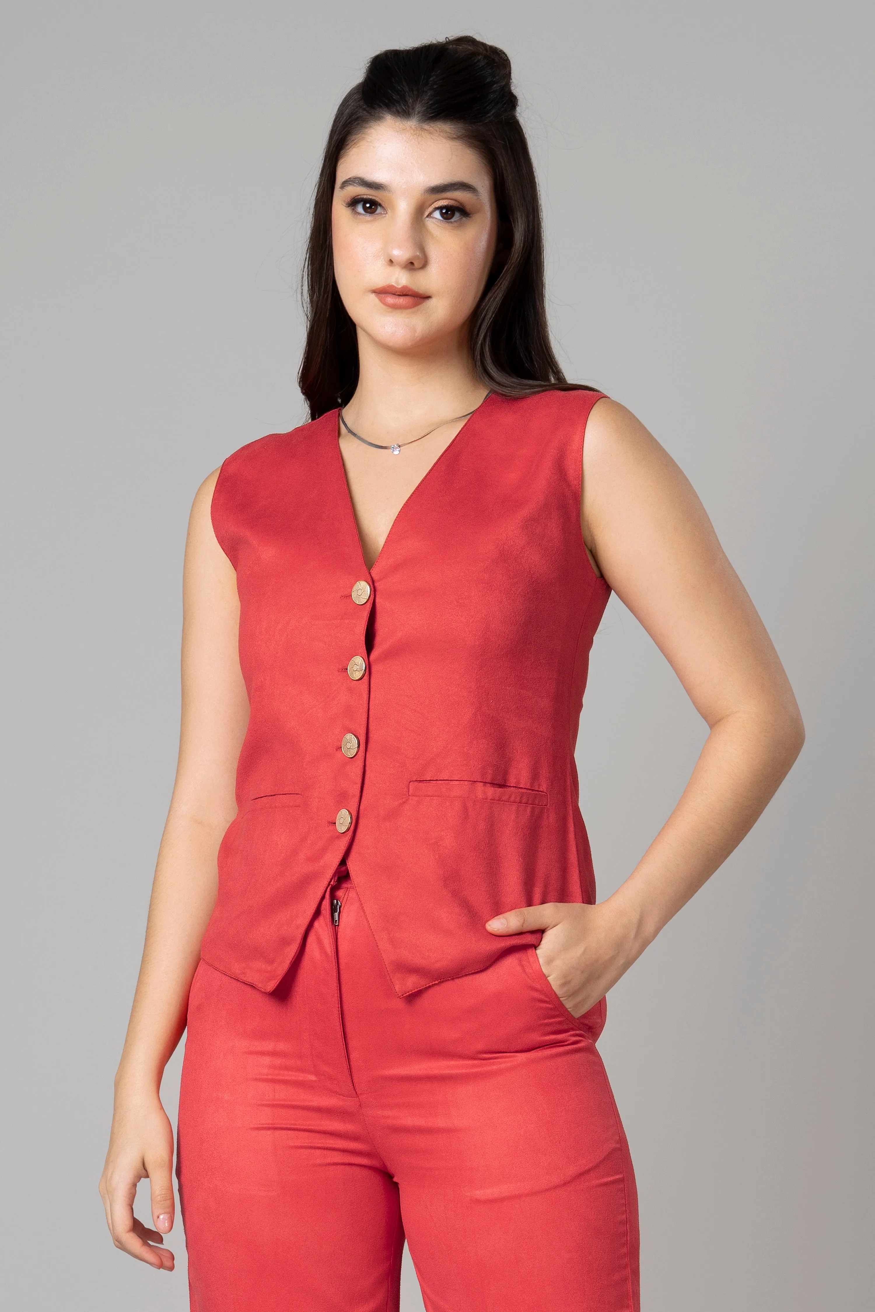 Womens Luxe Red Suede Waistcoat