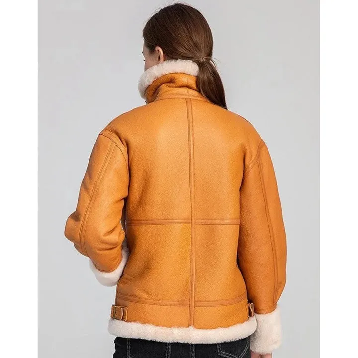 Women's Tan Brown B3 Bomber Shearling Aviator Flight Coat