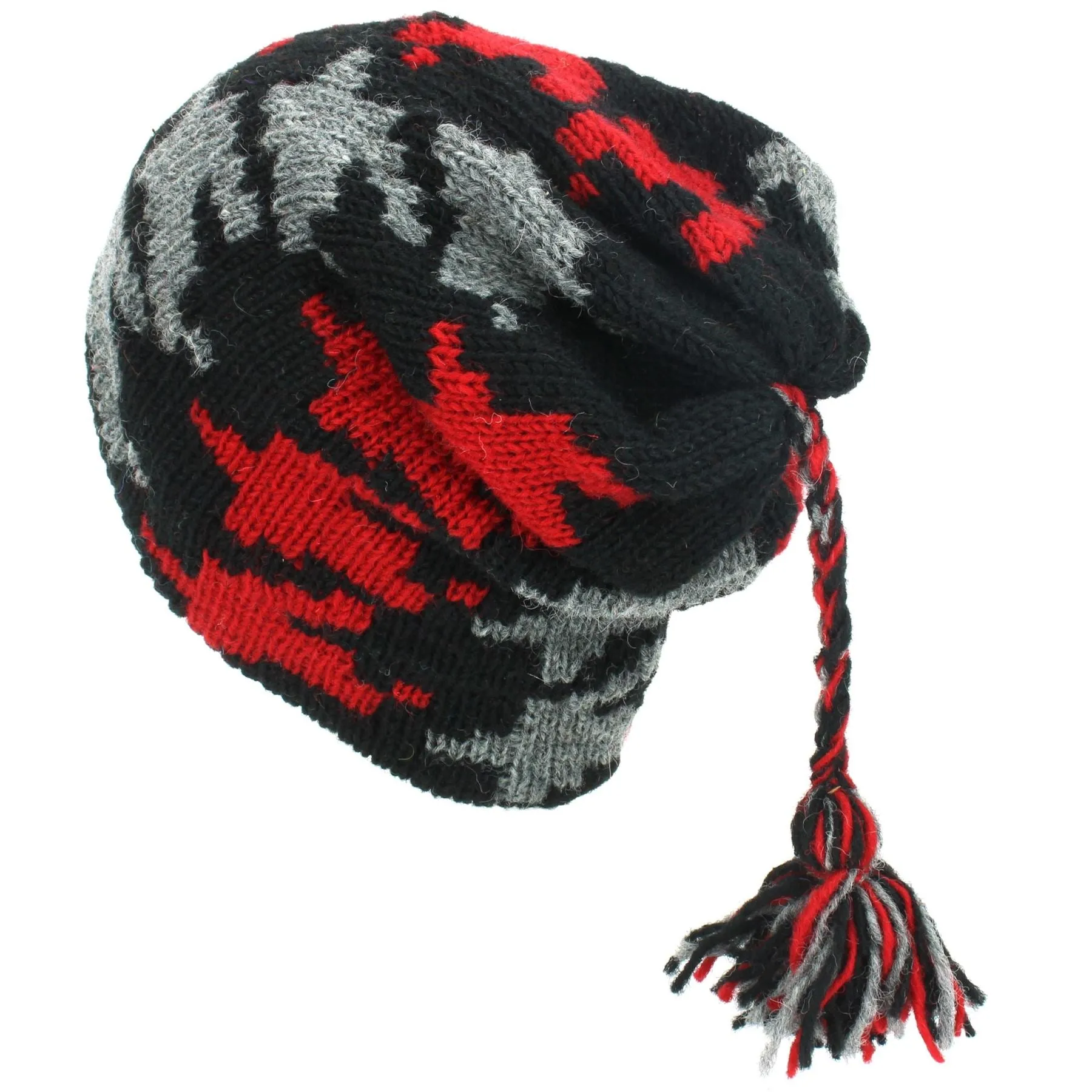 Wool Knit Tassel Beanie Hat - Red Houndstooth